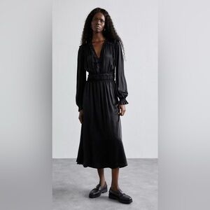 NWT $385 The Kooples Solid Shirred Midi Dress size 0 French / XS US black RARE 🔥